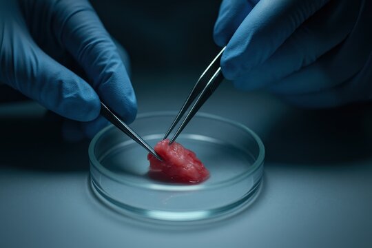 Laboratory technician examining tissue sample with precision tweezers in a sterile environment. Concept of biomedical research, microscopy, and scientific investigation in health sciences.