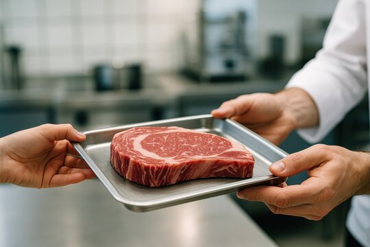 Chef presenting a beautifully marbled steak on a platter, highlighting culinary quality and freshness. Concept of gourmet food, culinary arts, and gastronomic excellence.