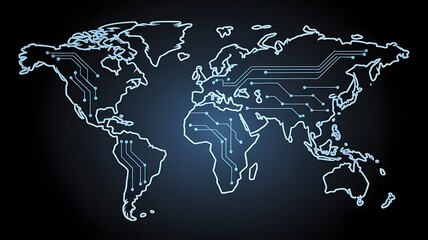 Stylized world map with glowing blue circuit board lines and dots global earth