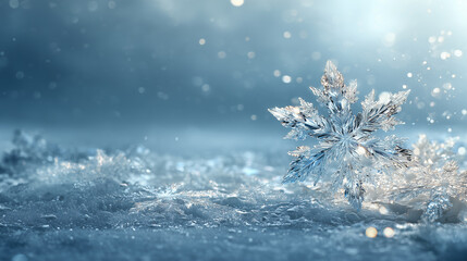 blue background with snowflakes and frost, atmosphere of winter magic, christmas season. the snow-covered ground, delicate ice crystals. shimmering crystal-like star-shaped snowflake. nature's snowy w