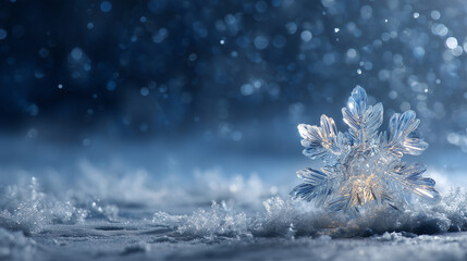 blue background with snowflakes and frost, atmosphere of winter magic, christmas season. the snow-covered ground, delicate ice crystals. shimmering crystal-like star-shaped snowflake. nature's snowy w