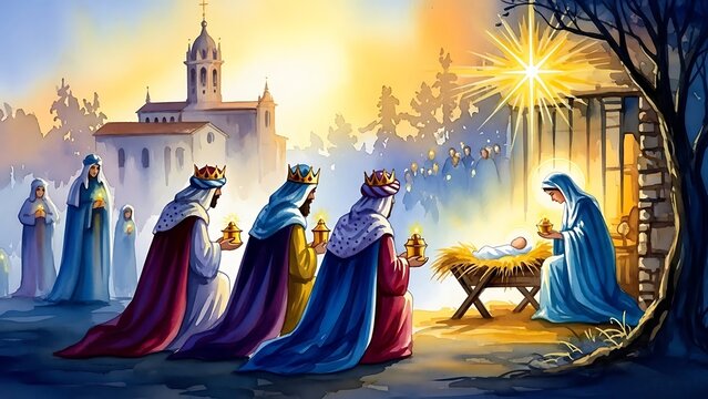 Three wise men presenting gifts to Jesus and Mary under a shining star. Religious Nativity scene for Christmas celebration.