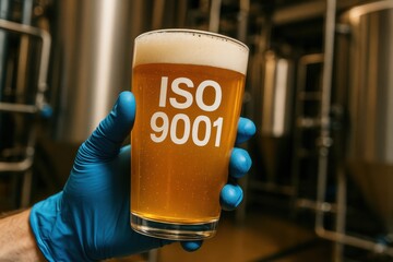 Craft beer served in a glass with ISO 9001 label, highlighting quality assurance in brewing. Concept of standards, quality control, and craftsmanship in beverage production.