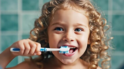 Young child brushing teeth smiling in bathroom close up for daily dental hygiene routine