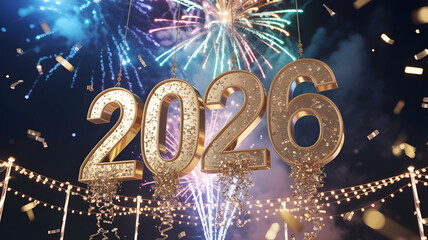 Golden 2026 numbers illuminated by vibrant fireworks and falling confetti celebration