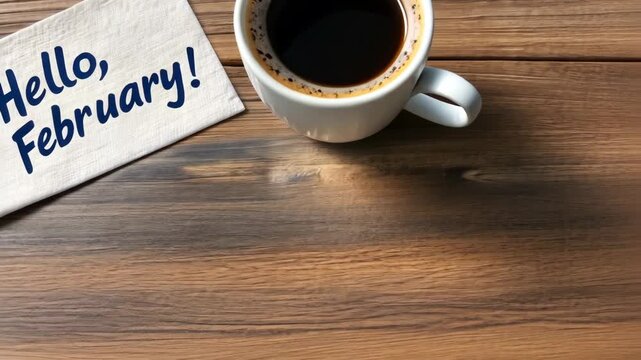 A cup of coffee sits on a wooden table next to a note that says hello February, inviting warmth to the start of the month