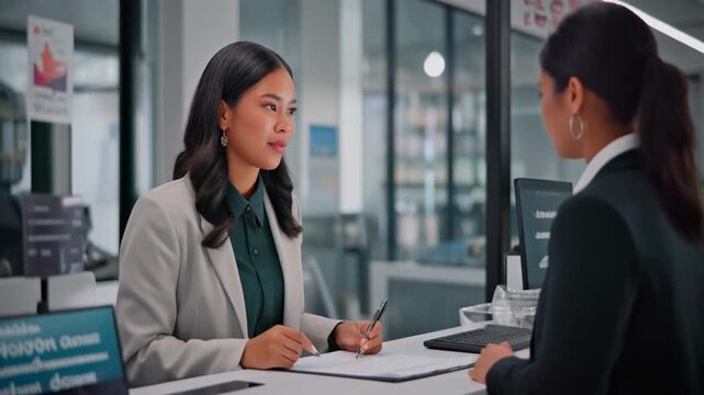 Bank teller checking customer documents, identity verification process