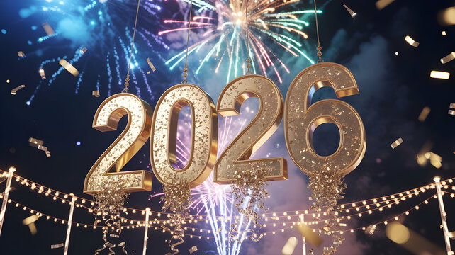 Golden 2026 numbers illuminated by vibrant fireworks and falling confetti celebration
