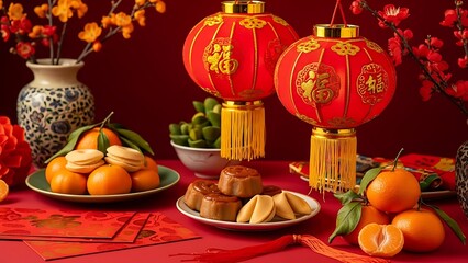 Festive Chinese New Year decorations with red lanterns, tangerines, and traditional sweets for holiday celebration and cultural representation.