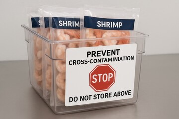 Container of shrimp labeled for cross-contamination prevention, emphasizing food safety in culinary preparation. Concept of hygiene, storage protocols, and kitchen operations.