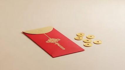 Red envelope with golden chinese knot and gold coin. Symbolic gift for Lunar New Year. Traditional chinese culture and holiday background.