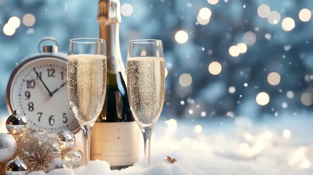 Glasses of champagne are ready for celebration as clocks approach midnight surrounded by winter decorations and lights