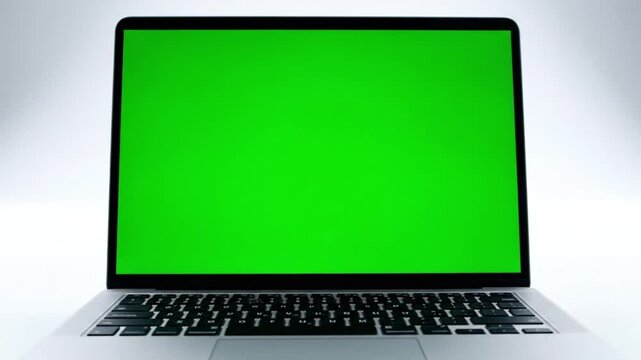 Modern laptop computer with a vibrant green screen display, perfect for digital content mockups, chroma key presentations, or custom advertising placements on a clean white background