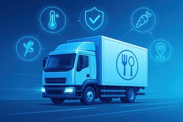 Refrigerated delivery truck transporting fresh food, symbolizing safety and quality in food logistics. Concept of temperature control, health standards, and efficient distribution.