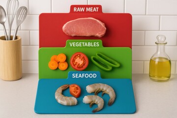 Color-coded cutting boards with raw meat, vegetables, and seafood on kitchen counter. Concept of food safety, meal preparation, and organized cooking practices.