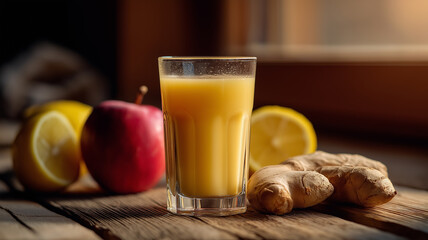 Fresh citrus juice on a wooden table with fruit and ginger root captures morning vibes Generative AI