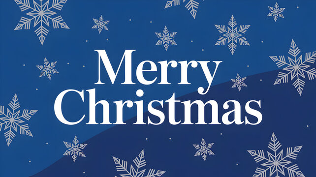 Merry christmas greeting text in white on a deep blue background with falling snowflakes