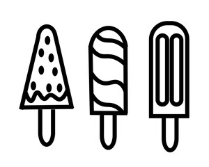 Set of popsicle icons simple line art vector design isolated on white background for summer treats and dessert concepts