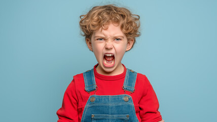 A frustrated child in a red shirt shows intense emotions against a light blue wall Generative AI