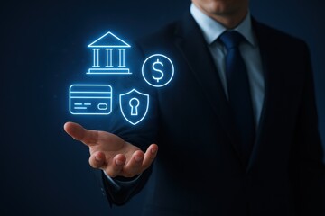 Business professional presenting digital icons representing banking, finance, and security concepts. Theme of digital transformation and financial technology innovation.