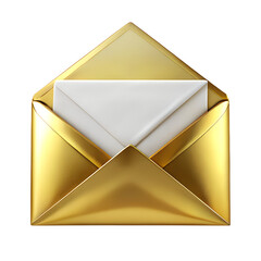 Golden envelope with white card inside isolated on transparent background