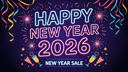 Neon sign happy new year 2026 celebration with firework and confetti background