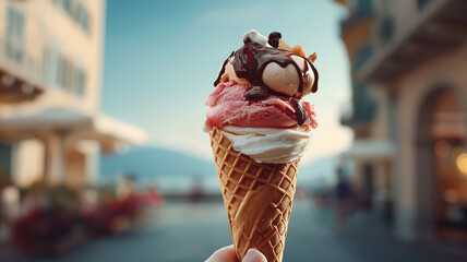 A vibrant ice cream cone featuring colorful scoops is enjoyed on a sunny day in Italy Generative AI