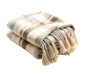 Folded plaid throw blanket with tassels isolated on transparent background