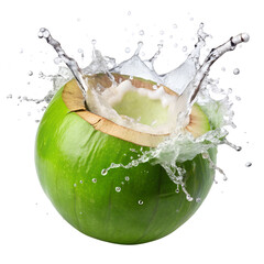 Fresh green coconut with water splash isolated on transparent background