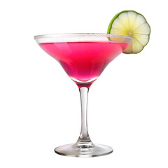 Pink cosmopolitan cocktail with lime garnish isolated on transparent background