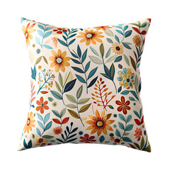Floral patterned throw pillow with colorful flowers isolated on transparent background