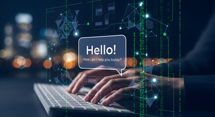 Person Typing on Keyboard with Digital Network and Hello Message Overlay.
