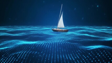 A sailboat navigating a digital ocean of glowing blue data waves. - Powered by Adobe