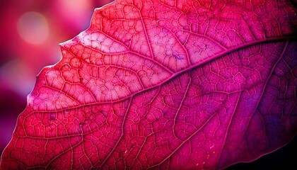 Obraz premium Close-up macro shot of a vibrant red and purple leaf with intricate vein patterns.