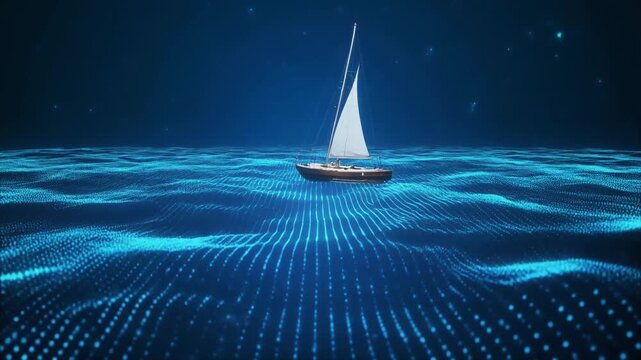 A sailboat navigating a digital ocean of glowing blue data waves.