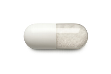 Medicine capsule with white powder filler, a health supplement for treatment and wellness, transparent background element