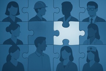 Conceptual image of diverse professionals represented as puzzle pieces, highlighting teamwork and collaboration in various industries. Emphasis on inclusion and connectivity in the workplace.