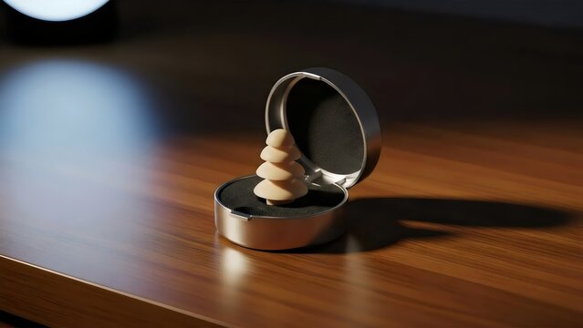 Minimalist lifestyle essential silicone earplug in steel case for modern wellness and serene sleep optimization inspiration