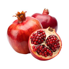 Fresh pomegranates whole and cut open showing seeds isolated on transparent background