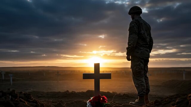 Soldier stands mournfully at a gravesite with a cross and flowers as the sun sets, honoring fallen heroes for Memorial Day.