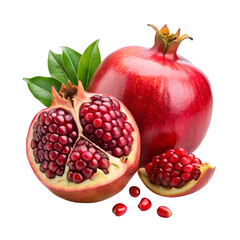 Fresh pomegranate fruit with seeds and leaves isolated on transparent background