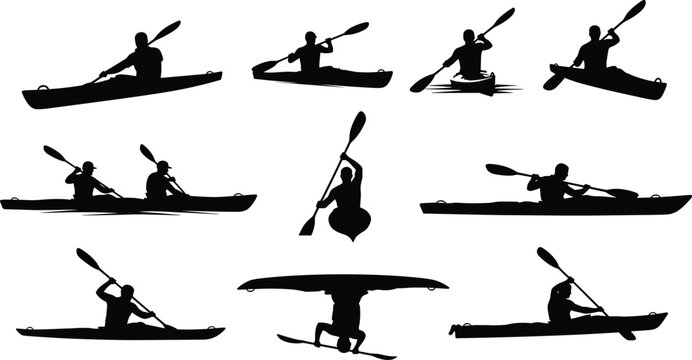Kayaking and Canoeing Action Silhouette Set: Dynamic Vector Collection of People Paddling, Rolling, and Engaging in Water Sports and Outdoor Recreation Activities.