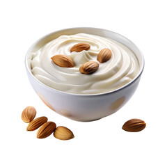Bowl of yogurt with almonds isolated on transparent background