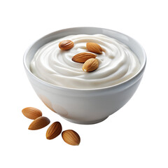 Bowl of creamy yogurt topped with almonds isolated on transparent background