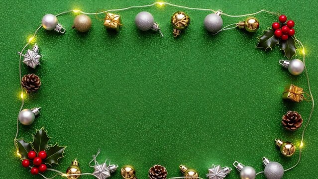 Christmas ornaments and fairy lights arranged on green glitter background decoration string lights