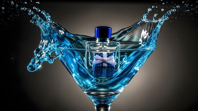 : Perfume Bottle Splashing into Blue Liquid - Powered by Adobe