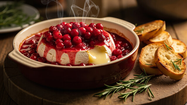 Whole baked brie cheese with warm cranberry compote, cozy indulgent mood, festive appetizer dish against light rustic background - Powered by Adobe