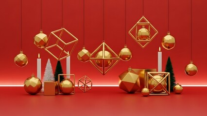 Gold geometric Christmas ornaments hanging with candles and trees decoration holiday