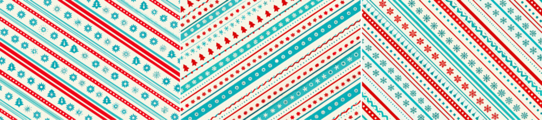 A festive winter themed pattern with diagonal stripes of snowflakes trees and geometric shapes design