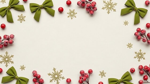 Green bows red berries gold snowflakes on cream background christmas holiday